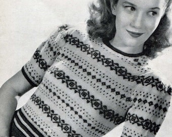 Great Ladies Late 1940s Fair Isle Jumper 34 Bust Patons 207 Vintage Knitting Pattern Download PDF