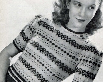 1940s Fair Isle Jumper Knitting Pattern, 34 Bust (PDF Download)