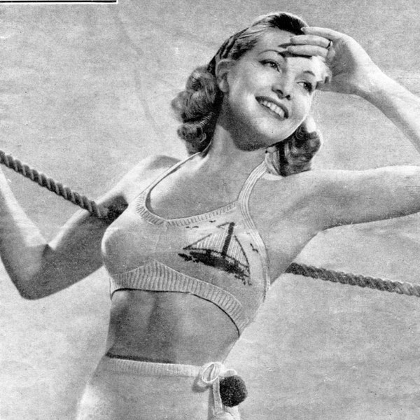 Wonderful 1940s Bikini 2 Piece Bathing or Swimming Suit 33 to 34 Bust Bestway 1898 Vintage Knitting Pattern Download