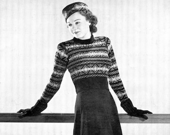 Amazing 1930s Ladies Fair Isle Skating Outfit Jumper Skirt Hat Gloves 34" to 36" Bust Lister Lavenda 515 Vintage Knitting Pattern