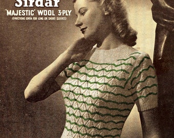 Lovely Striped and Lace Jumper with Circular Yoke 36 Bust Sirdar 1191 Vintage 1940s Knitting Pattern