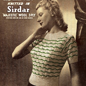 Lovely Striped and Lace Jumper with Circular Yoke 36 Bust Sirdar 1191 Vintage 1940s Knitting Pattern