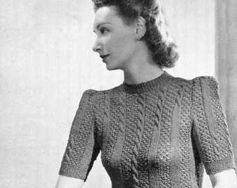 Ladies Cable Short Sleeve Jumper 34" Bust  Pearsall's 365 Vintage 1940s Knitting Pattern Pdf Download