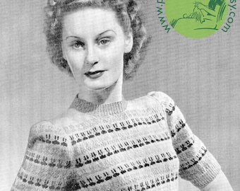 1940s Bunny Ear Fair Isle Jumper Sweater 33 to 36 Bust Weldons 528 3-ply Light Fingering Vintage Knitting Pattern Download