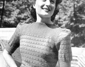 Modello per maglione da donna anni '40: sprone a coste, maniche a sbuffo (download digitale)