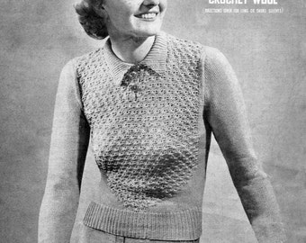 1930s Fancy Lace Fronted Ladies Jumper 34" Bust Sirdar 542 Vintage Knitting Pattern PDF Download