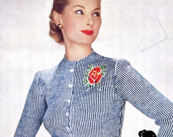 Modello per camicetta a righe anni '50, con motivo floreale (taglia 34 di busto) (download immediato)