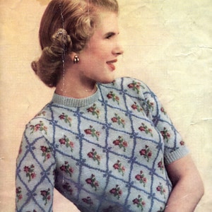 Gorgeous Lattice Fair Isle Jumper 2 Sizes 34&quot; to 38&quot; Bust Weldons A794 Late 1940s Vintage Knitting Pattern Pdf Download