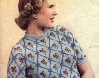 Gorgeous Lattice Fair Isle Jumper 2 Sizes 34&quot; to 38&quot; Bust Weldons A794 Late 1940s Vintage Knitting Pattern Pdf Download