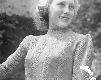 Ladies Fern Stitch 1940s Puff Sleeve Jumper 36" Bust Patons 968 Vintage Knitting Pattern Instant Download