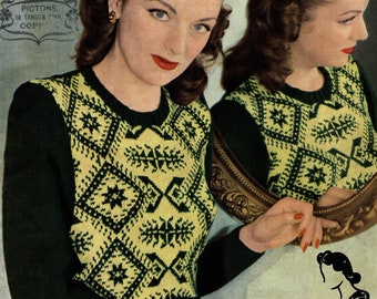 Amazing 1940s Geometric Fair Isle Jumper Bust 34 Lee Target 631 Vintage Knitting Pattern Instant Download