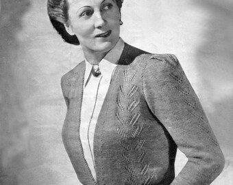 Ladies Volup Plus Size V-Neck Lace Cardigan Bust 40" Patons 957 1940s Vintage Knitting Pattern