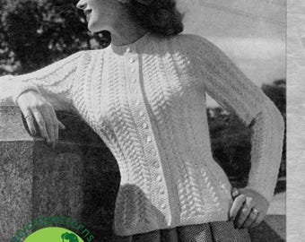 Lovely Fitted Coat Cardigan with Cables  34 to 36 Bust Patons 55 Double Knit Yarn Early 1950s Vintage Knitting Instant Pattern Download