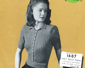 Lady's 1940s Sports Blouse Jumper Sweater 2 Sizes 34" to 37" Bust Copley's 1607 Vintage Knitting Pattern Instant Download