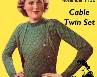 Beautiful Cable Winter Twin Set and Scarf Set 34 to 36 Bust Good Needlework and Knitting 1930s Vintage Knitting Pattern Download