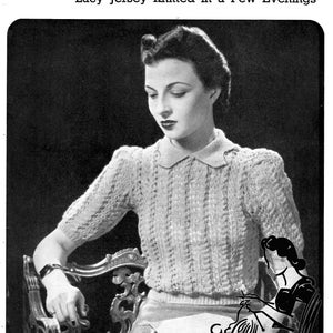 Peut inclure: Photographie en noir et blanc d'une femme portant un pull en tricot ajouré. Le pull est fait pour s'adapter à un tour de poitrine de 81 à 86 cm. Le texte "Jaeger" et "Lacy Jersey Knitted in a Few Evenings" est visible en haut de l'image. Le texte "No. 571 Price 2d." est également visible en haut de l'image. Le texte "Made to fit 32-34 inch bust in Jaeger "Feather-Fleck." Cost 3/- " est visible en bas de l'image.