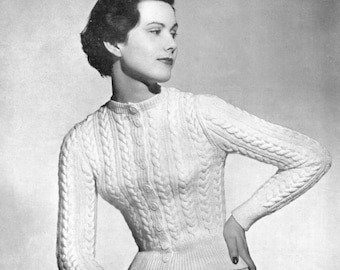 Cable and Rib 1950s Button Through Cardigan Golden Eagle 988 Bust 34" and 38" Vintage Knitting Pattern Download