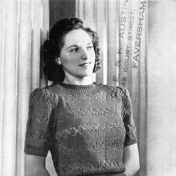 Ladies Short Sleeve Lace Jumper 36 Bust Pearsall's 370 1940s Vintage Knitting Pattern Download