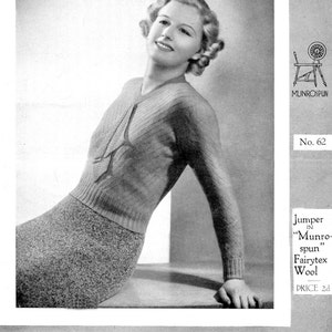 May include: A black and white photograph of a woman wearing a knitted jumper. The jumper is made with "Munro-spun Fairytex Wool" and is a pattern from a vintage knitting magazine. The magazine cover includes the text "Munrospun" and "No. 62".