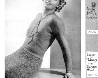 Modello per maglione a coste diagonali anni '30 con jabot in pizzo (download digitale)