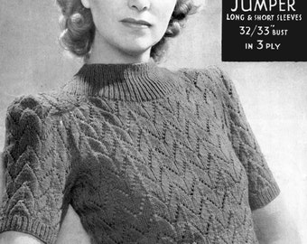 Celeste Lovely and Lacy 1940s Ladies Lace Blouse Jumper 32" to 33" Bust Bairnswear 2166 Vintage Knitting Pattern