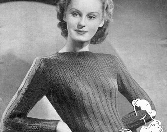 Ladies Mock Cable Rib Slender Jumper Bust 35 Vintage 1940s Knitting Pattern Weldons 223 Pdf Download