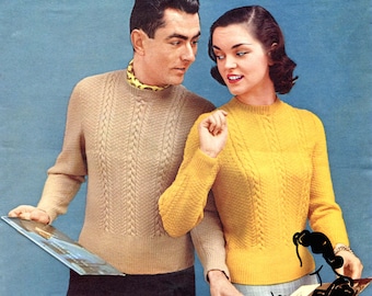 1950s Cable Sport Sweater 34" and 40" Bust or Chest Lister 673 Vintage Knitting Pattern Instant Download