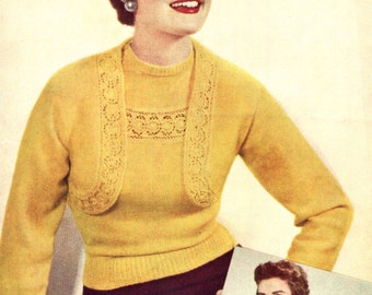 Wonderful Lace Insert Twin Set Jumper and Bolero 34 to 36" Bust Bestway B2683 Vintage Knitting Pattern Download Pdf