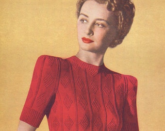 1940s Diamond Jumper Knitting Pattern, 33" Bust (PDF Download)