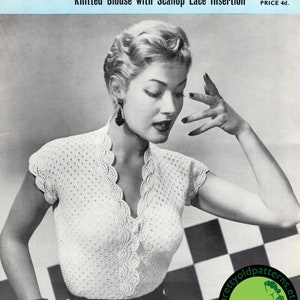 Vintage 1950s Knitted Blouse Pattern, Scallop Lace (PDF Download)