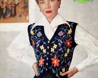 Amazing Elaborate 1950s Florentine Vest Waistcoat 34 to 36 Bust Patons 718 4-ply Fingering Vintage Knitting Pattern Download PDF