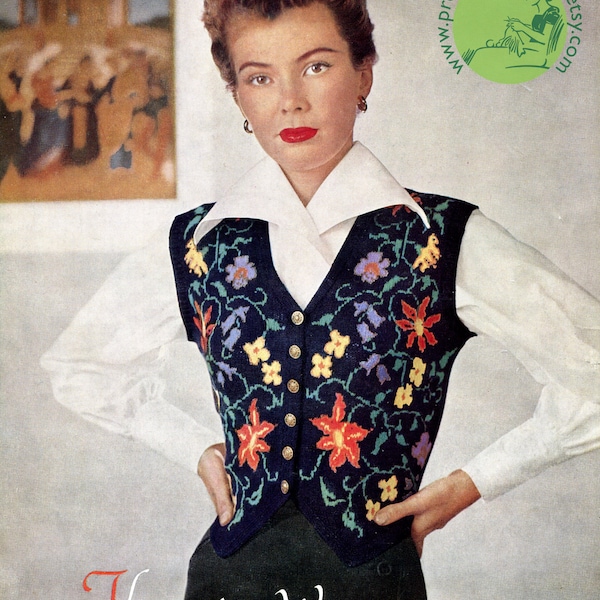 Amazing Elaborate 1950s Florentine Vest Waistcoat 34 to 36 Bust Patons 718 4-ply Fingering Vintage Knitting Pattern Download PDF