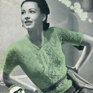 May include: A vintage knitting pattern featuring a green crocheted sweater with a V-neck and short sleeves. The pattern is titled "Robin Perle" and is numbered 170. The pattern is from Robert Glew & Co. in London, England.