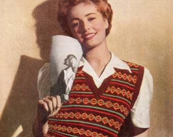 Amazing 1940s Fair Isle Pullover Vest Tank Top 34 to 36 Bust Penelope M1269 Briggs Vintage Knitting Pattern Download