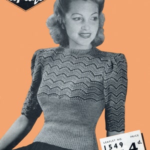 May include: A vintage knitting pattern for a women's sweater with a chevron pattern. The pattern is from Copley's and is for a 34 inch bust. The pattern is for a sweater made with 2-ply "Excelsior" Shetland wool.
