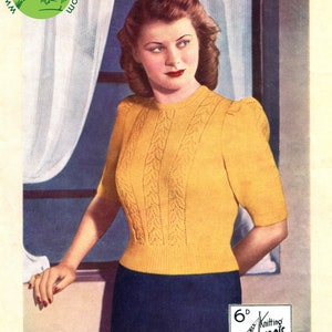 May include: A vintage knitting pattern featuring a woman wearing a yellow knitted sweater with a cable knit design. The pattern is for a sweater made with Mariner's 3-Ply Heritage wool, No. 22.