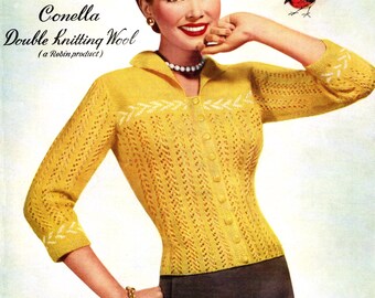 Lovely Fitted Lace Cardigan with Colourwork Bands 34 to 36 Bust Robin 465 Early 1950s Vintage Knitting Instant Pattern Download