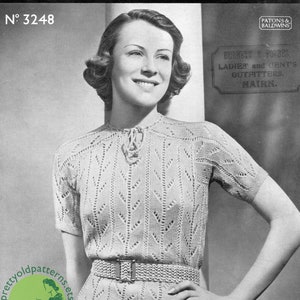 Wonderful Easy to Knit Mid 1930s Blouse Jumper Sweater 34 Bust 3-ply Light Fingering Vintage Knitting Pattern Patons 3248