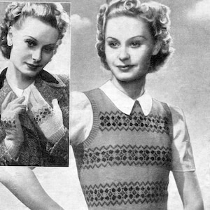 Lady's Fair Isle Pullover Vest Tank Top and Gloves 35 Bust Weldons 247 1940s Vintage Knitting Pattern Download