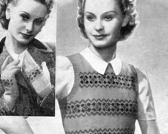 Lady's Fair Isle Pullover Vest Tank Top and Gloves 35 Bust Weldons 247 1940s Vintage Knitting Pattern Download