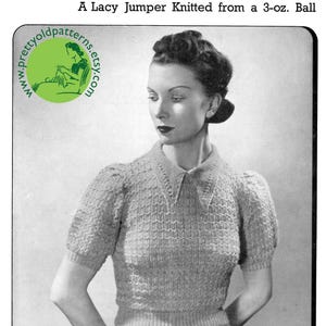 May include: A vintage knitting pattern for a lacy jumper, featuring a black and white photo of a woman wearing the finished garment. The pattern is titled "Jaeger" and is for a 3-oz ball of yarn. The pattern is for a size 32-34 inch bust.