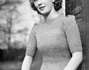 Petite Ladies Cable Puffed Sleeve Pullover 32" Bust Patons 108 Vintage Knitting Pattern Download