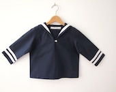 SHIRT AHOI, Navy Blue Long-Sleeve Children's and Baby's Sailor Shirt with White Stripes, for Maritime Baptism, Wedding, Family Portrait