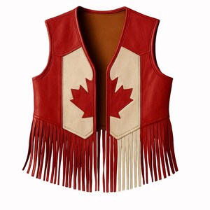 Kanadische Flagge Leder Fransenweste, handgefertigte rote und weiße Unisex Western-Weste, Kanada-Tag Outfit, Maple Leaf Rodeo Festival Wear