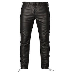 Men’s Black Lace Up Leather Pants, Handmade Genuine Leather Trousers, Gothic Steampunk Festival Biker Pants for Men