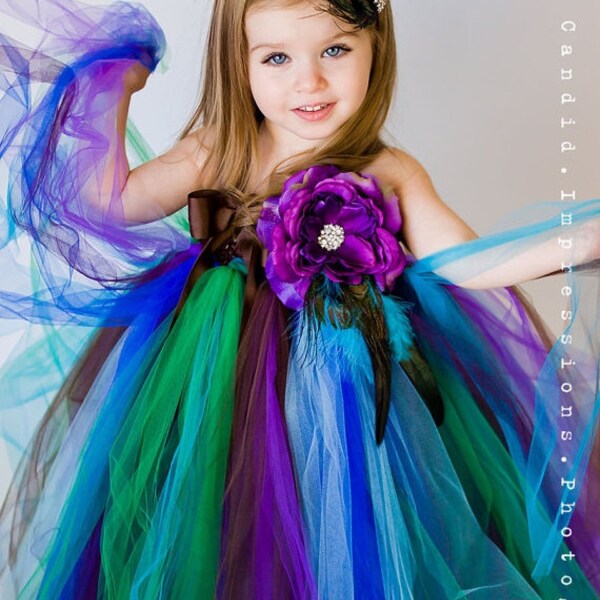 20% OFF SALE Flower Girl Tutu Dress in Couture Peacock featuring purple, plum, blue, green, and brown