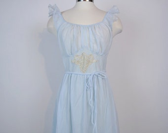 Vintage Lingerie, Nightgown, Sky Blue, Gold Applique