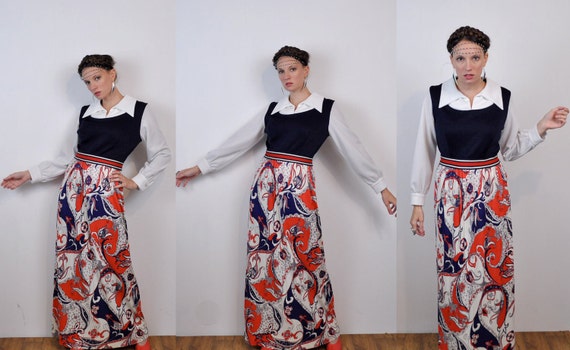 Red White and Navy Blue Dress 1970s Paisley Maxi … - image 2