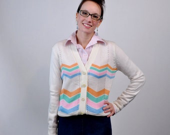 Zigzag White Cardigan, Patterns Orange Green Pink Small Medium Sweater