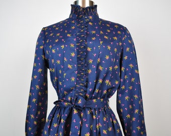 Navy Blue Dress, Pleat Collar Sweetheart Floral Thanksgiving Small Medium